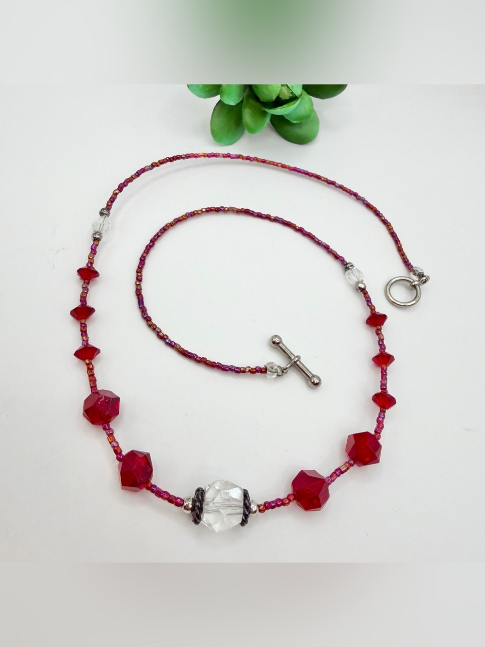 Red Crystal Bead Necklace with Clear Focal Crystal - Women Jewelry